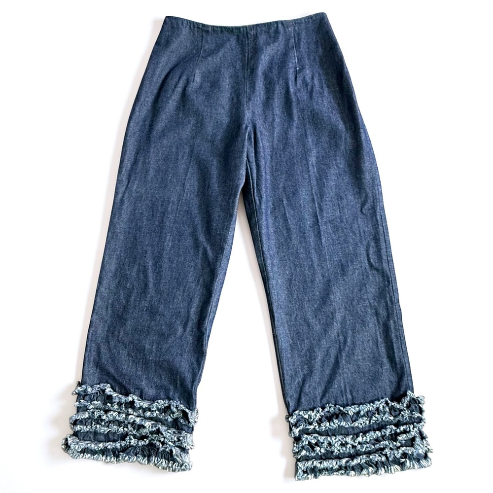 Pine Cove Vintage Ruffle Hem Denim Cropped Pants High Waist Wide Leg Blue Size 4